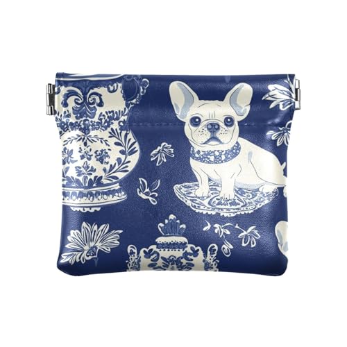 Süße blau-blaue Porzellan-Hunde-Geldbörse aus PU-Leder, kleine Münze, einzigartige Geldbörse mit Verschluss für Damen von sanluoli