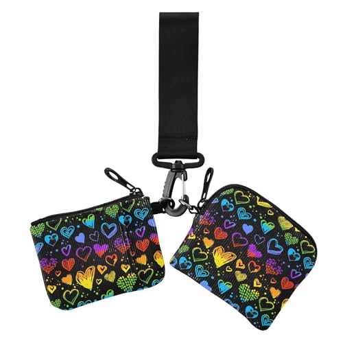 Süßes Regenbogenherz schwarz Happy Valentine's Day Damen Münzgeldbörsen Kartenetuis klein tragbar Reißverschluss Armband Geldbörse mit Handgelenkschlaufe für Damen 2 Packungen von sanluoli