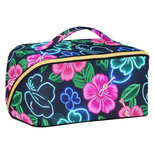 Summer Neon Hibiscus Frangipani Flower Kulturbeutel mit Trennwänden Stilvolle Kosmetiktaschen für Frauen mit Fächern & Griff von sanluoli