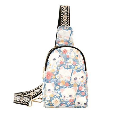Trendige Bauchtaschen mit niedlichen Cartoon-Katzen und Blumen, Crossbody-Tasche für Damen, Diebstahlschutz von sanluoli