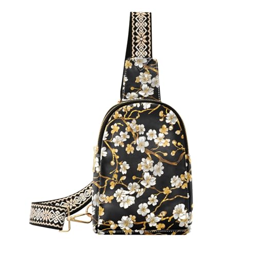 Trendige schwarze und goldene Vintage-Blumen-Schultertasche für Herren, stabile Tasche für Damen zum Wandern von sanluoli