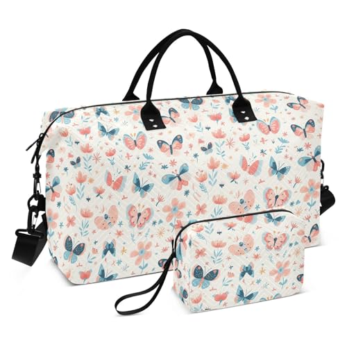 Übergroße Reisetasche, Handgepäcktasche, Wochenend-Tragetasche, Fitnessstudio, Handgepäcktasche mit verstellbarem Riemen, für Trekking, wasserdicht, Schmetterling, frühlingsfrische Blumen von sanluoli