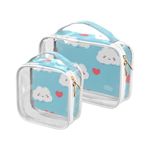 sanluoli 2 x transparente Kulturbeutel für Herren, Motiv: Happy Valentine's Day, Herzmotiv, Cartoon-Wolke, Blau, TSA-genehmigt, wiederverwendbar, Reise-Make-up-Tasche, Rasierutensilien von sanluoli