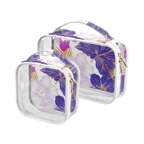 sanluoli 2 x transparente Kulturbeutel für Herren, TSA-geprüft, transparent, klein, für Flughafen, Fluggesellschaften, Blumenviolett, 2 Stück, Violett mit Blumenmuster von sanluoli