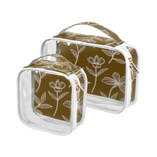 sanluoli 2 x transparente braune Linie Flower Art Herren-Kulturbeutel, TSA-genehmigt, wasserabweisend, kleine Make-up-Tasche, Flughafen-konform, braune Linie, Blumenkunst, Braune Linienblumenkunst von sanluoli
