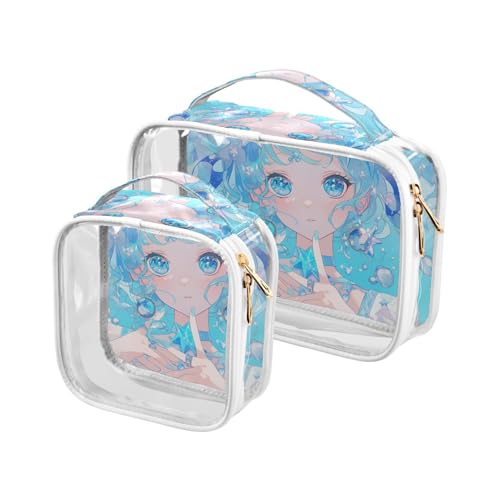 sanluoli 2 x transparente glitzernde blaue Anime-Girl-Make-up- und Toilettenartikel, TSA-zugelassen, tragbare kleine Make-up-Tasche, Rasierset, glitzerndes blaues Anime-Mädchen, Glitzerndes blaues von sanluoli