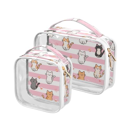 sanluoli 2 x transparente rosa weiße Streifen Cartoon-Katzen-Kulturbeutel für Herren, TSA-geprüft, wasserdichte Taschen für Frauen, Reiseutensilien, Rosa weiße Streifen Cartoon Katze von sanluoli