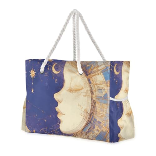 sanluoli Boho Mysterious Moon and Hunman Face Purple Sturdy Tote Bag Women with side pockets Big Tote Bags with zippered pockets von sanluoli