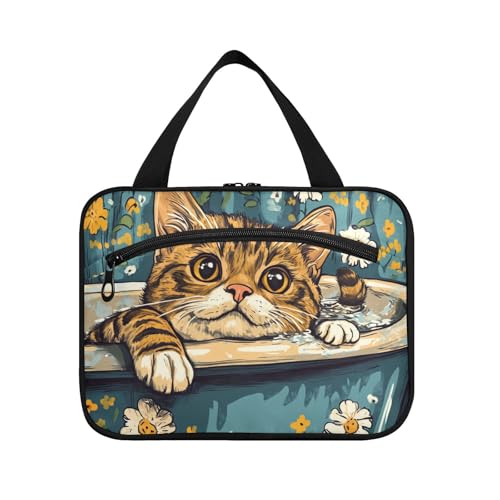 sanluoli Cartoon-Bengal-Katzen-Retro-Badewannen-Hänge-Reise-Make-up-Tasche mit Haken, Designer-Kulturbeutel für Damen, unverzichtbar, für Hotels, Cartoon-Bengalkatzen Retro-Badewanne von sanluoli