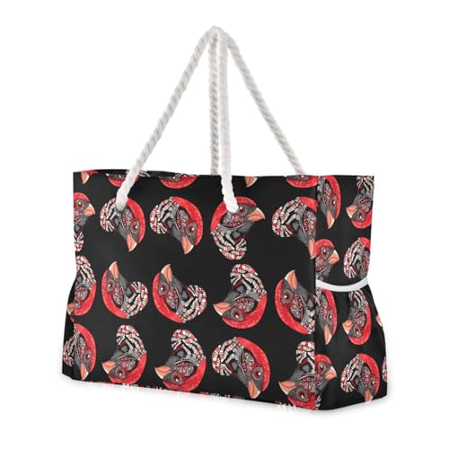 sanluoli Damen-Tragetasche im Boho-Stil, rotes Tier, Finken, Vogel, großes Fassungsvermögen, mit Seitentaschen, Strandsport, für Pool, Fitnessstudio, Lebensmittel, Reisen von sanluoli