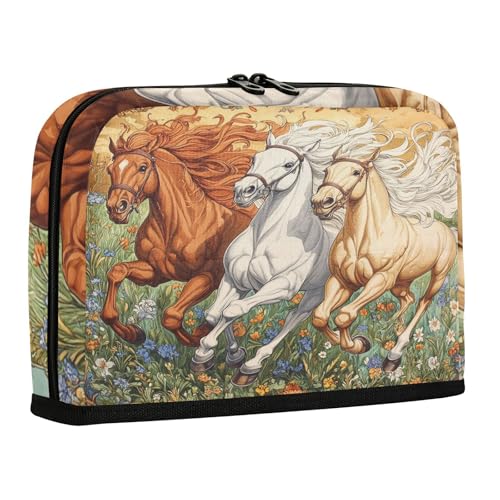 sanluoli Federmäppchen mit großem Fassungsvermögen, Kosmetik, tragbar, Schreibwaren-Aufbewahrung für adrette, elementare Vintage-Blume und Pferd von sanluoli