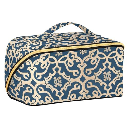 sanluoli Flache Make-up-Tasche mit geometrischem Muster, Palmette-Muster, mit Trennwänden, große Kosmetiktasche für Damen, vertikal, freistehend von sanluoli