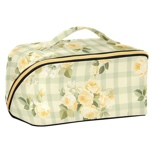 sanluoli Green Spring Kosmetiktasche mit Trennwänden, Retro-Stil, kariert, gelbe Blumen, große Kosmetiktasche für Damen, vertikal, freistehend sanluoli Green Spring Kosmetiktasche mit Trennwänden, Retro-Stil, kariert, gelbe Blumen, große Kosmetiktasche für Damen, vertikal, freistehend von sanluoli