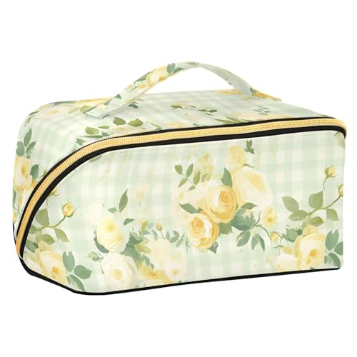 sanluoli Green Spring Kulturbeutel mit Trennwänden, Retro-Stil, kariert, gelbe Blumen, große Kosmetiktasche für Damen, vertikal, freistehend sanluoli Green Spring Kulturbeutel mit Trennwänden, Retro-Stil, kariert, gelbe Blumen, große Kosmetiktasche für Damen, vertikal, freistehend von sanluoli