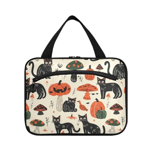 sanluoli Kosmetiktasche mit Halloween-Katzen, Kürbissen, Pilzen, Boldinework-Stil, hängende Kosmetiktasche mit Reißverschluss und Haken, unverzichtbare Designer-Kosmetiktasche für Damen, ein Muss für von sanluoli