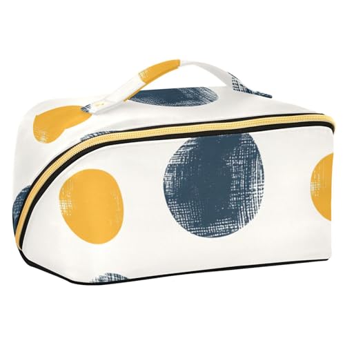 sanluoli Kosmetiktasche mit Trennwänden, geometrische Punkte, Senfgelb und Jeansblau, leichte Kosmetiktasche für Damen, vertikal, freistehend von sanluoli