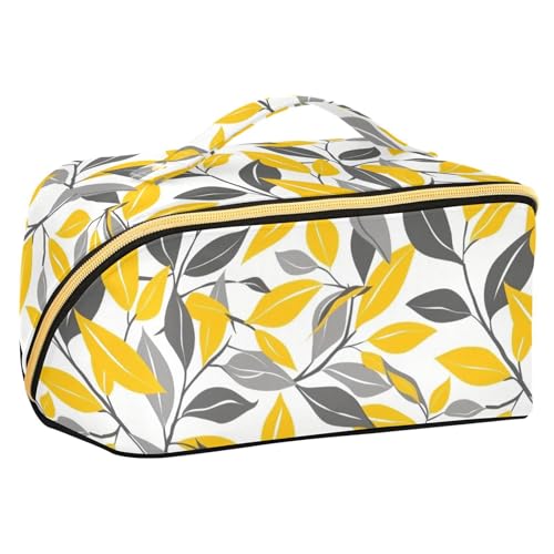 sanluoli Kosmetiktasche mit nahtlosem Blattmuster, mit Trennwänden, stilvolle Make-up-Tasche für Damen, Reisegröße, Gelb und Grau von sanluoli