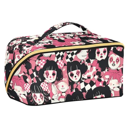 sanluoli Make-up-Tasche für Damen, Motiv: japanische Cartoon-Puppe, mit Trennwänden, vertikal, freistehend, Schwarz und Pfirsich von sanluoli