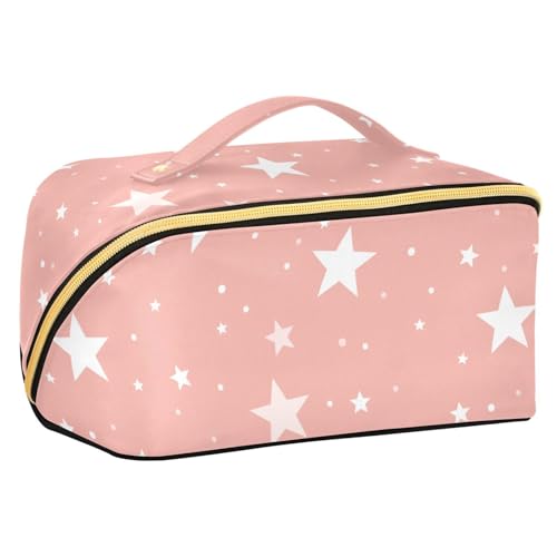 sanluoli Make-up-Tasche mit weißen Sternen auf pfirsichfarbenem Hintergrund, wasserdichte Kosmetiktasche für Damen, vertikal, freistehend von sanluoli