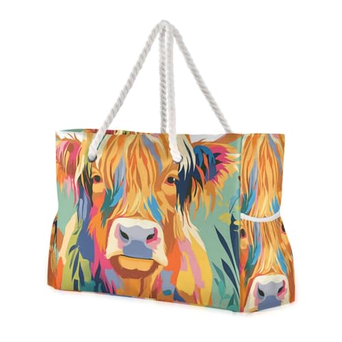 sanluoli Reisetasche mit Cartoon-Motiv, bunt, Kuh, großes Fassungsvermögen, mit Seitentaschen, Tragetasche für Damen, für Strand, Schule und Arbeit von sanluoli