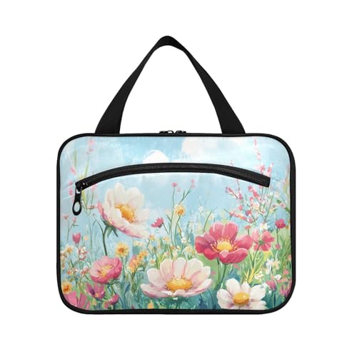 sanluoli Reisetasche mit Wildblumen-Blumenmotiv für Damen, Kulturbeutel mit Haken, Designer-Make-up-Tasche für Accessoires, ein Muss für den Urlaub, Wildblumen-Frühling von sanluoli