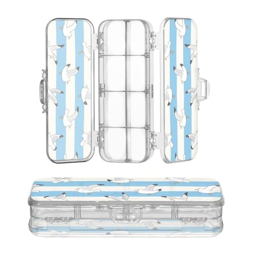 sanluoli Stiftebox aus Kunststoff, 2-lagig, mit Schnappdeckel, blau / weiß gestreift, Möwe, transparent von sanluoli