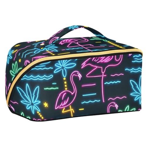 sanluoli Summer Neon Flamingo Kokosnussbaum Reisetasche mit Trennwänden, leichte Kosmetiktasche für Geldbörse, vertikal, freistehend von sanluoli