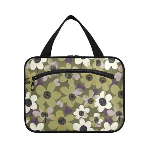 sanluoli Weiße und dunkelgrüne Blumen-Kulturbeutel für Damen, mit Haken, faltbare Designer-Tragetasche für Reisende, Urlaub, Bolso para maquillaje de mujer, Weiße und dunkelgrüne Blume von sanluoli