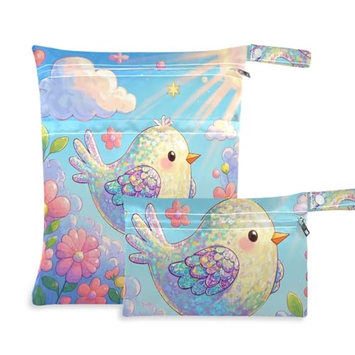 sanluoli Wiederverwendbare Badeanzug-Taschen, 2 Stück, Wickeltasche, unverzichtbare Gegenstände mit Griffen für Pool, Yoga (Cartoon-Vogel) von sanluoli