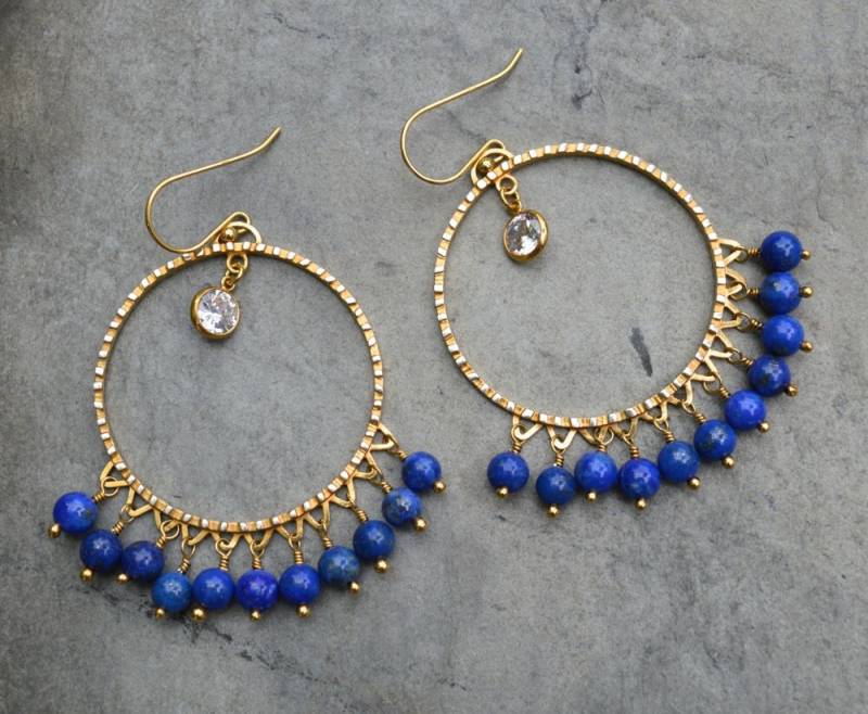 Statement Kreis Ohrringe/Lapis Und Cz Echtes 24 K Gold Über Sterling Silber Kronleuchter Blaue von sarahkrisherstudio