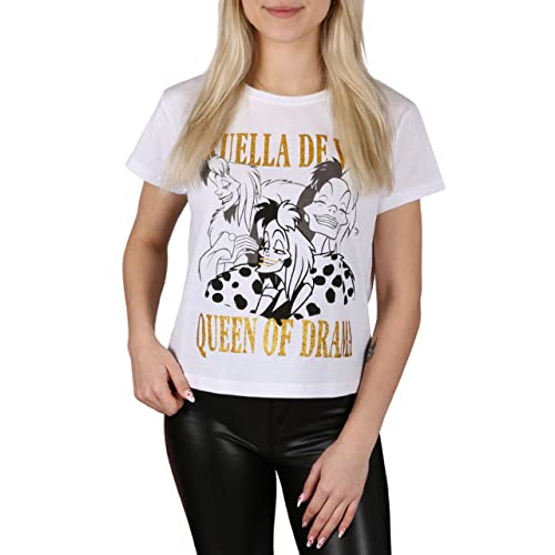 101 Dalmatiner Cruella de Vil Weißes Kurzarm-Baumwoll-T-Shirt für Damen L von sarcia.eu