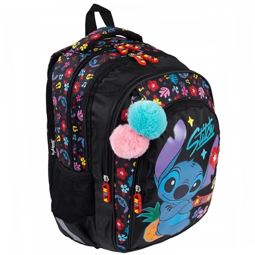 DISNEY Stitch ALOHA VERSTÄRKTER SCHULRUCKSACK für Mädchen, mit Reflektoren VIERFACHTEILIG + Schlüsselanhänger 38x27x13cm (Stitch B) von sarcia.eu