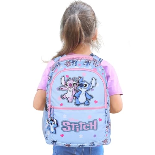 DISNEY Stitch Angel weicher SCHULRUCKSACK für Mädchen, GERÄUMIGER Reiserucksack, Laptopfach + Anhänger, SCHLÜSSELANHÄNGER (Blau Stich Angel) von sarcia.eu