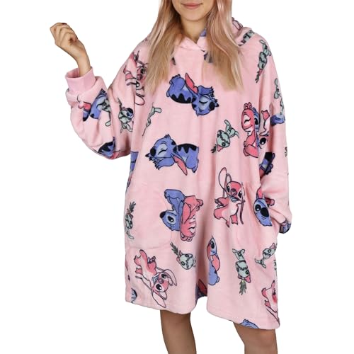 Disney Stitch und Angel rosa Kapuzen-Sweatshirt/Bademantel/Decke, Damen-Sweatshirt mit Taschen M-L von sarcia.eu