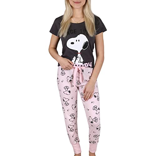 Snoopy Grauer und rosa Damen-Kurzarm-Baumwollpyjama, Lange Hose XL von sarcia.eu