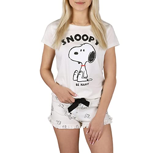 Snoopy Peanuts Ecru Sommer-Kurzarm-Damenpyjama, Baumwolle, Rüschen L von sarcia.eu