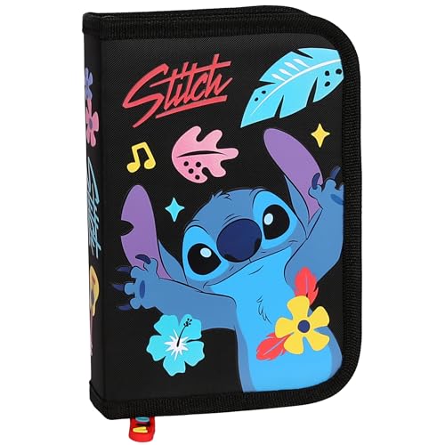 Disney Stitch Aloha Zweifach-Federmäppchen ohne Inhalt, aufklappbares Schulfedermäppchen für Mädchen (Stich Faltbares Schwarz) von sarcia.eu