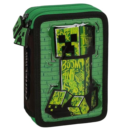 sarcia.eu Minecraft Creeper Zweikammer-Federmäppchen MIT ZUBEHÖR für Jungen FÜR Schule – 32 Teile, 2 Reißverschlüsse (Minecraft Faltbares) von sarcia.eu