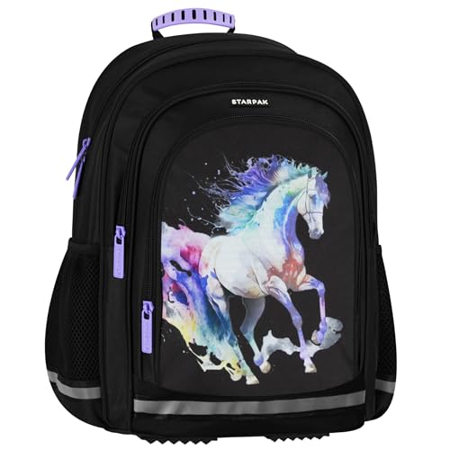 sarcia.eu Schwarz, VERSTÄRKTER Schulrucksack mit DREI FÄCHER für Mädchen, mit Reflektoren, Pferd 40x29x20cm, 23 l (Schwarzes Pferd) von sarcia.eu