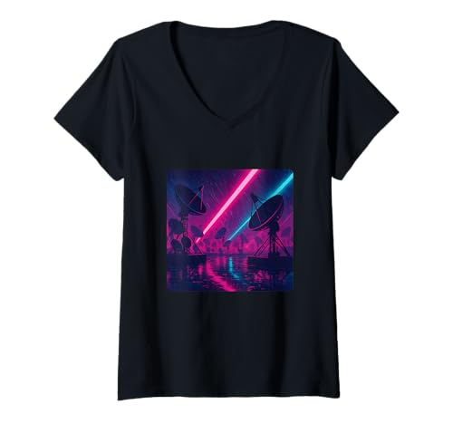 Damen Satellitenschüssel Array Night Rain T-Shirt mit V-Ausschnitt von sat dish radio telescope dxing sci fi ham radio