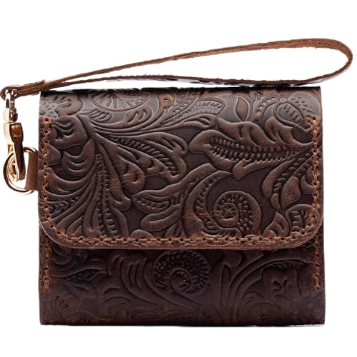 sayy Handgefertigtes Geldbörse Damen Klein Leder, Mini Portemonnaie, Slim Wallet for Women, Geldbeutel Handgelenkschlaufe und Reißverschluss mit Münzfach, Kartenhalter Portmonee (Dunkelbraun) von sayy