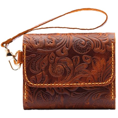 sayy Handgefertigtes Geldbörse Damen Klein Leder, Mini Portemonnaie, Slim Wallet for Women, Geldbeutel Handgelenkschlaufe und Reißverschluss mit Münzfach, Kartenhalter Portmonee (Kamel) von sayy