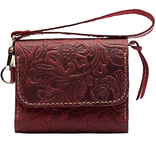 sayy Handgefertigtes Geldbörse Damen Klein Leder, Mini Portemonnaie, Slim Wallet for Women, Geldbeutel Handgelenkschlaufe und Reißverschluss mit Münzfach, Kartenhalter Portmonee (Rot) von sayy