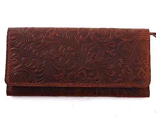 sayy Handgefertigtes Geldbörse Damen Mittelgroß Leder mit Handyfach, Groß Portemonnaie Reißverschluss mit Münzfach, Lange Slim Wallet for Women Geldbeutel Kartenhalter Portmonee Blumen (Dunkelbraun) von sayy