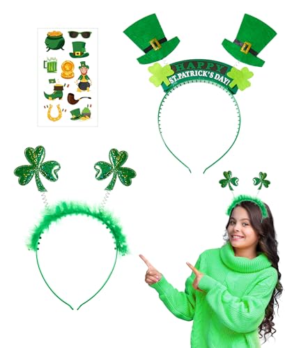 sazpajacos 3Pcs St. Patricks Day Zubehör Shamrock Kopfbedeckung Stirnband Set St. Patricks Day Leprechaun Kostüm Zubehör umfasst Kopfschmuck, Aufkleber für Erwachsene Frauen Männer, Grün von sazpajacos