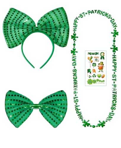 sazpajacos 4Pcs St. Patricks Day Bogen Stirnband Fliege St. Patrick's Day Kostüm Zubehör umfasst Kopfschmuck, Fliege, Klee Halskette, Aufkleber für St. Patricks Day Party Favors, Grün von sazpajacos