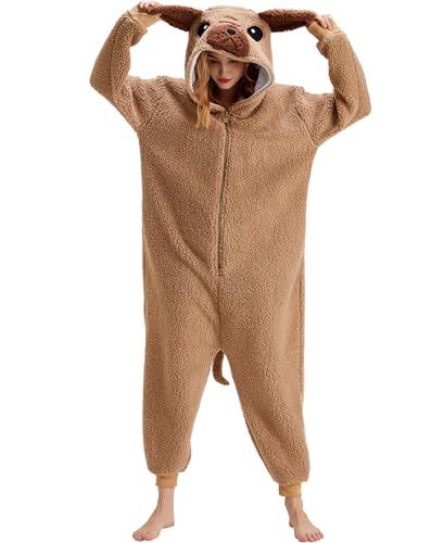 sazpajacos Mops Einteiliger Pyjamas Mops Kostüm Tier Nachtwäsche Cartoon Mops Onesie Frauen Männer Weihnachten Karneval Cosplay Kostüm, Hellbraun XL von sazpajacos