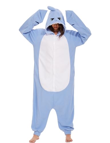 Sazpajacos Tierischer Hai Einteiler Halloween Cosplay Kostüm Unisex Erwachsener Strampler Schlafanzug Cartoon Wilder Verkleidung Party für Frauen Männer Blau S von sazpajacos