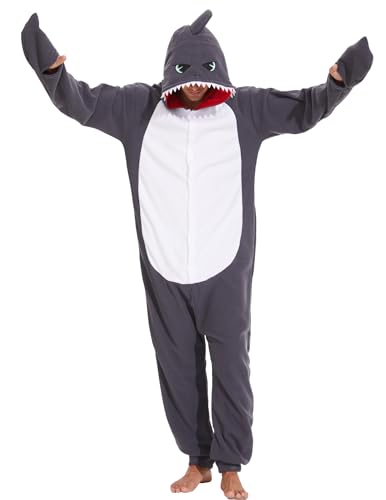 sazpajacos Tierischer Hai Einteiler Halloween Cosplay Kostüm Unisex Erwachsener Hai Strampler Schlafanzug Cartoon Wilder Hai Kostüm Verkleidung Party Einteiler für Frauen Männer grau L von sazpajacos