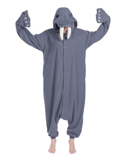 sazpajacos Walross Einteiliger Pyjama Lustiges Walross Tier Schlafanzug Niedlicher Cartoon Walross Strampler Erwachsene Weihnachten Karneval Cosplay Kostüm, Grau M von sazpajacos